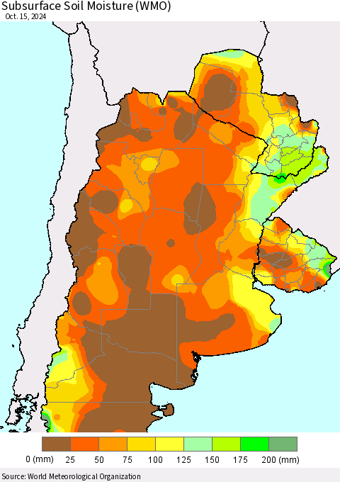 Southern South America Subsurface Soil Moisture (WMO) Thematic Map For 10/11/2024 - 10/15/2024