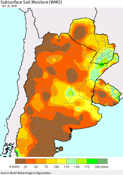 Southern South America Subsurface Soil Moisture (WMO) Thematic Map For 10/21/2024 - 10/25/2024