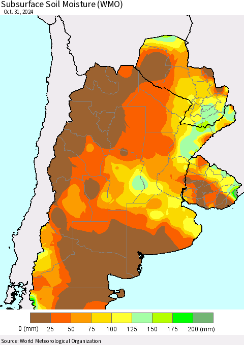 Southern South America Subsurface Soil Moisture (WMO) Thematic Map For 10/26/2024 - 10/31/2024