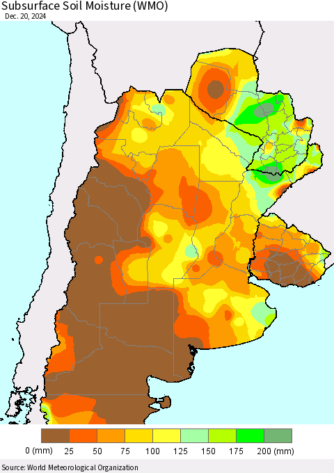 Southern South America Subsurface Soil Moisture (WMO) Thematic Map For 12/16/2024 - 12/20/2024