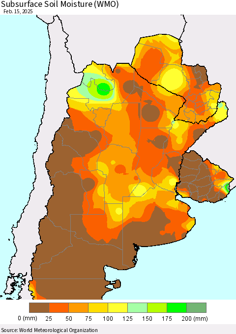Southern South America Subsurface Soil Moisture (WMO) Thematic Map For 2/11/2025 - 2/15/2025
