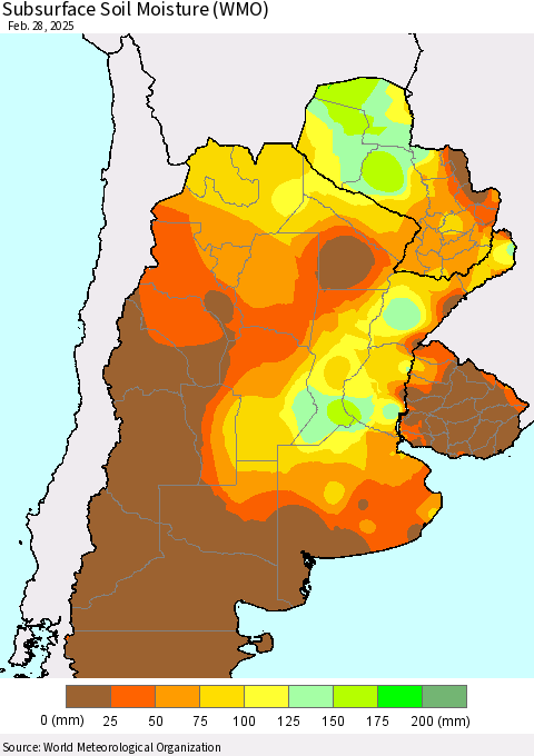 Southern South America Subsurface Soil Moisture (WMO) Thematic Map For 2/26/2025 - 2/28/2025
