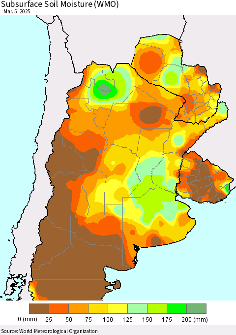 Southern South America Subsurface Soil Moisture (WMO) Thematic Map For 3/1/2025 - 3/5/2025