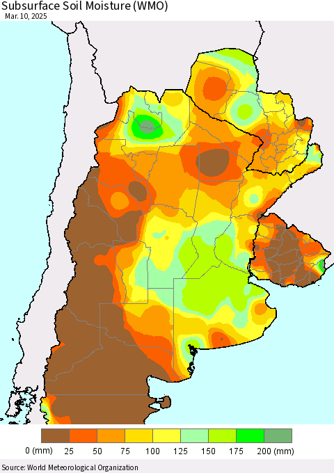 Southern South America Subsurface Soil Moisture (WMO) Thematic Map For 3/6/2025 - 3/10/2025