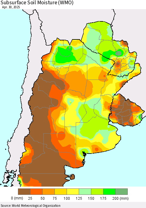 Southern South America Subsurface Soil Moisture (WMO) Thematic Map For 4/26/2025 - 4/30/2025
