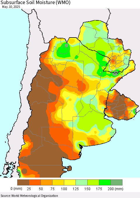 Southern South America Subsurface Soil Moisture (WMO) Thematic Map For 5/6/2025 - 5/10/2025