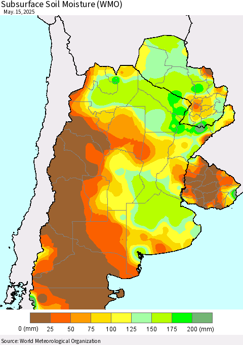 Southern South America Subsurface Soil Moisture (WMO) Thematic Map For 5/11/2025 - 5/15/2025