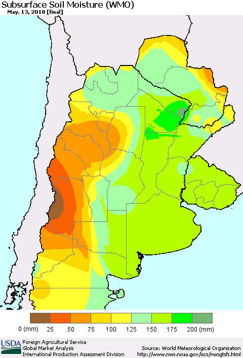 Southern South America Subsurface Soil Moisture (WMO) Thematic Map For 5/7/2018 - 5/13/2018