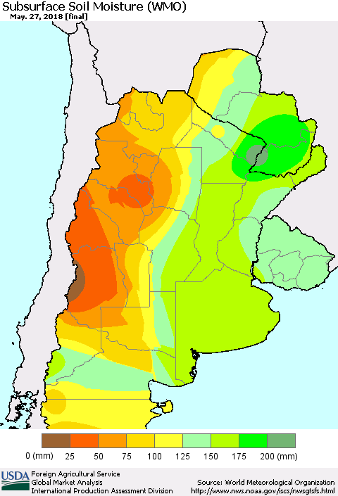 Southern South America Subsurface Soil Moisture (WMO) Thematic Map For 5/21/2018 - 5/27/2018