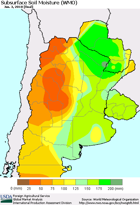 Southern South America Subsurface Soil Moisture (WMO) Thematic Map For 5/28/2018 - 6/3/2018