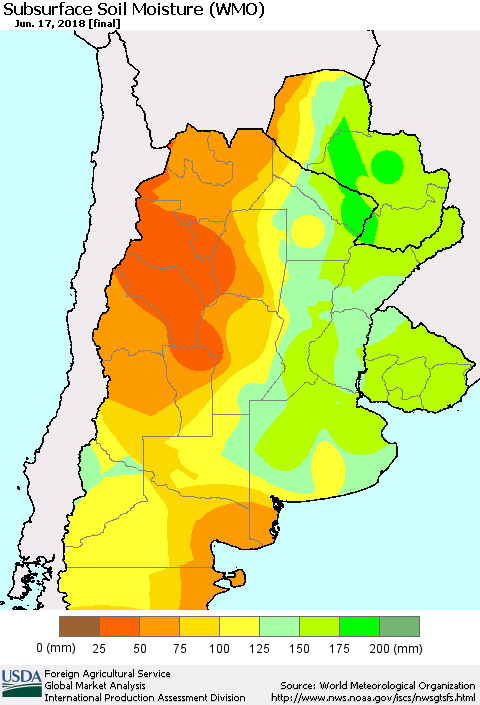 Southern South America Subsurface Soil Moisture (WMO) Thematic Map For 6/11/2018 - 6/17/2018