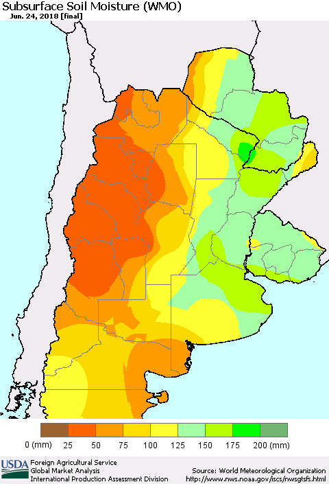 Southern South America Subsurface Soil Moisture (WMO) Thematic Map For 6/18/2018 - 6/24/2018