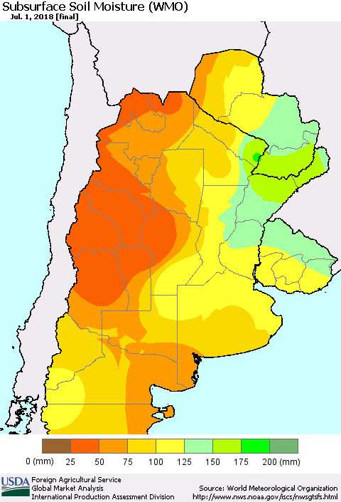 Southern South America Subsurface Soil Moisture (WMO) Thematic Map For 6/25/2018 - 7/1/2018