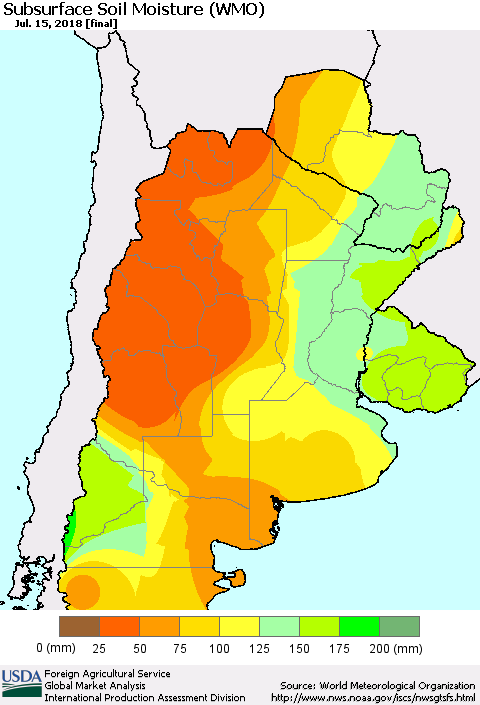 Southern South America Subsurface Soil Moisture (WMO) Thematic Map For 7/9/2018 - 7/15/2018