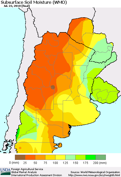 Southern South America Subsurface Soil Moisture (WMO) Thematic Map For 7/16/2018 - 7/22/2018