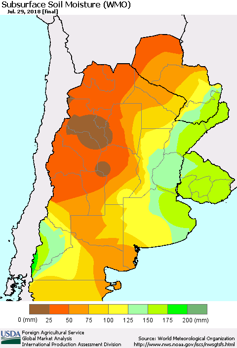 Southern South America Subsurface Soil Moisture (WMO) Thematic Map For 7/23/2018 - 7/29/2018