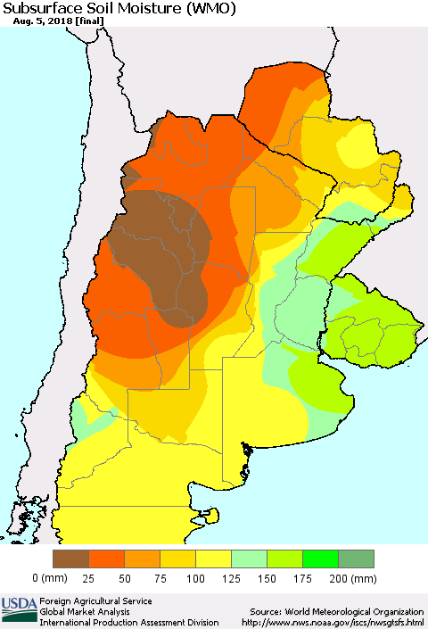 Southern South America Subsurface Soil Moisture (WMO) Thematic Map For 7/30/2018 - 8/5/2018