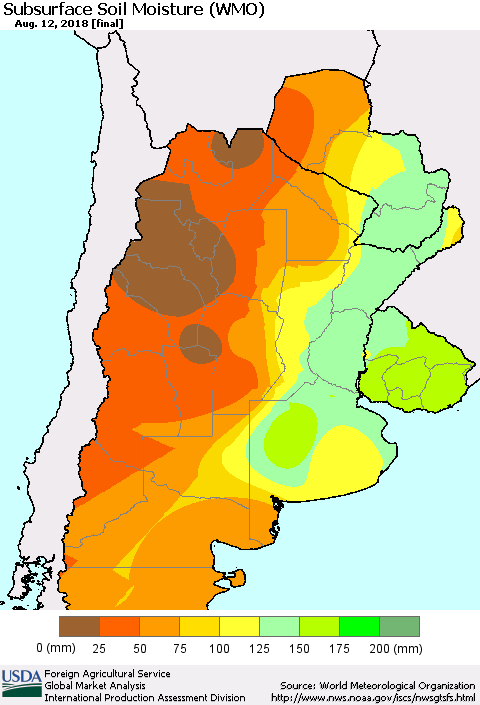 Southern South America Subsurface Soil Moisture (WMO) Thematic Map For 8/6/2018 - 8/12/2018