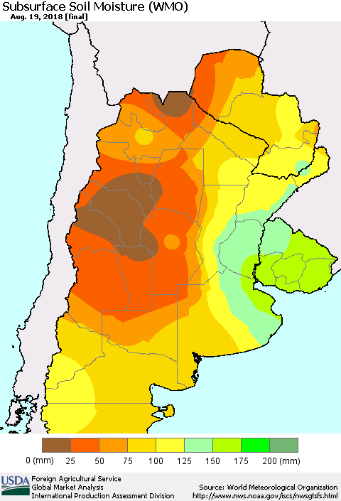 Southern South America Subsurface Soil Moisture (WMO) Thematic Map For 8/13/2018 - 8/19/2018