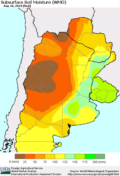 Southern South America Subsurface Soil Moisture (WMO) Thematic Map For 8/20/2018 - 8/26/2018