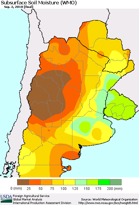 Southern South America Subsurface Soil Moisture (WMO) Thematic Map For 8/27/2018 - 9/2/2018