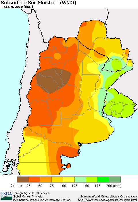 Southern South America Subsurface Soil Moisture (WMO) Thematic Map For 9/3/2018 - 9/9/2018