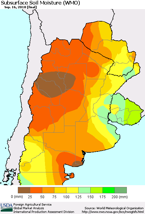 Southern South America Subsurface Soil Moisture (WMO) Thematic Map For 9/10/2018 - 9/16/2018