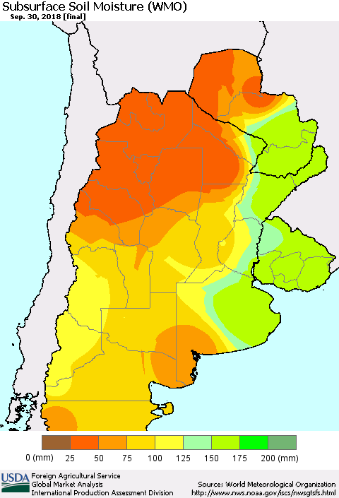 Southern South America Subsurface Soil Moisture (WMO) Thematic Map For 9/24/2018 - 9/30/2018