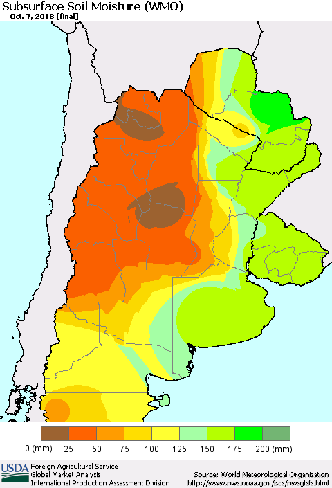 Southern South America Subsurface Soil Moisture (WMO) Thematic Map For 10/1/2018 - 10/7/2018