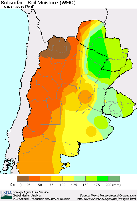 Southern South America Subsurface Soil Moisture (WMO) Thematic Map For 10/8/2018 - 10/14/2018