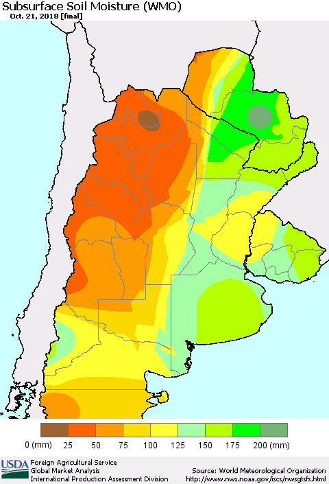 Southern South America Subsurface Soil Moisture (WMO) Thematic Map For 10/15/2018 - 10/21/2018