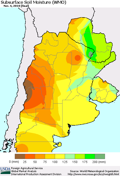 Southern South America Subsurface Soil Moisture (WMO) Thematic Map For 10/29/2018 - 11/4/2018