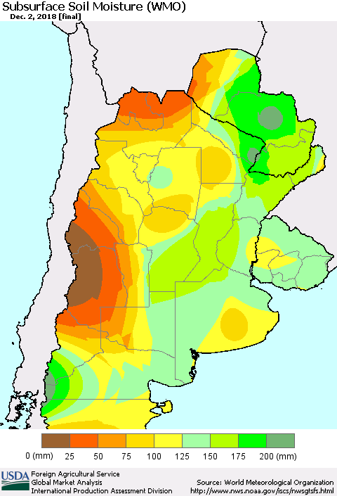 Southern South America Subsurface Soil Moisture (WMO) Thematic Map For 11/26/2018 - 12/2/2018