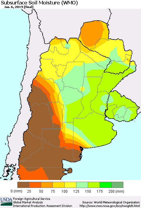 Southern South America Subsurface Soil Moisture (WMO) Thematic Map For 12/31/2018 - 1/6/2019
