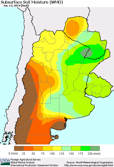 Southern South America Subsurface Soil Moisture (WMO) Thematic Map For 1/7/2019 - 1/13/2019