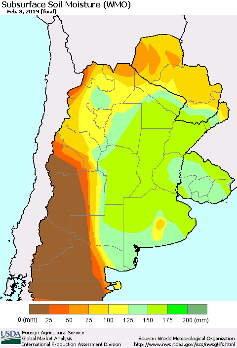 Southern South America Subsurface Soil Moisture (WMO) Thematic Map For 1/28/2019 - 2/3/2019