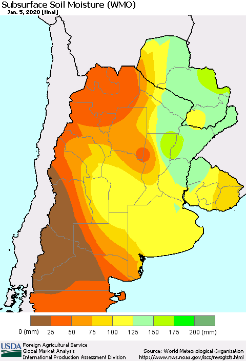 Southern South America Subsurface Soil Moisture (WMO) Thematic Map For 12/30/2019 - 1/5/2020