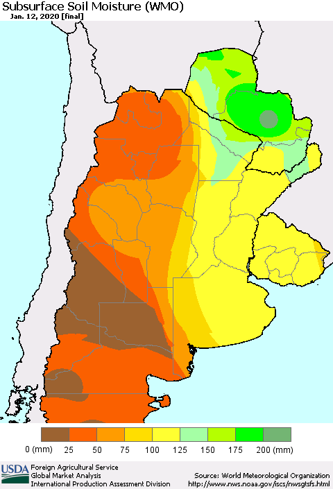 Southern South America Subsurface Soil Moisture (WMO) Thematic Map For 1/6/2020 - 1/12/2020