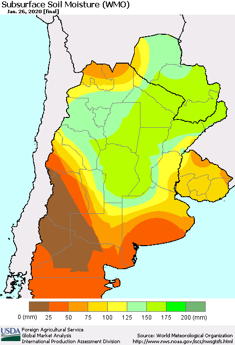 Southern South America Subsurface Soil Moisture (WMO) Thematic Map For 1/20/2020 - 1/26/2020