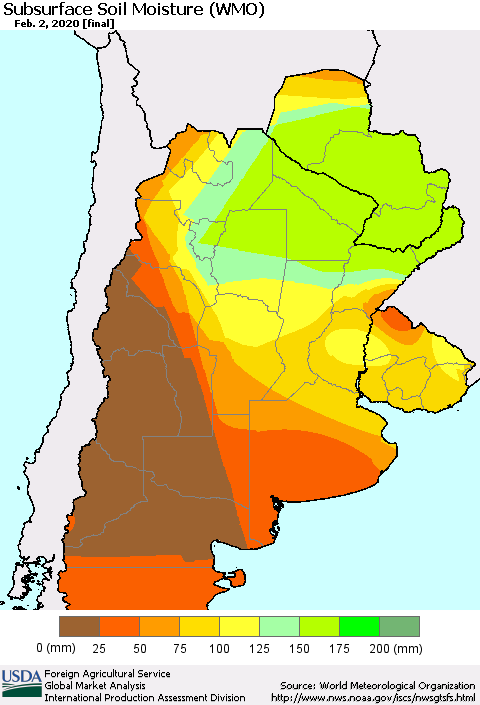 Southern South America Subsurface Soil Moisture (WMO) Thematic Map For 1/27/2020 - 2/2/2020