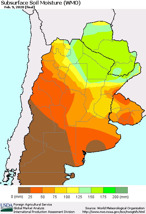 Southern South America Subsurface Soil Moisture (WMO) Thematic Map For 2/3/2020 - 2/9/2020