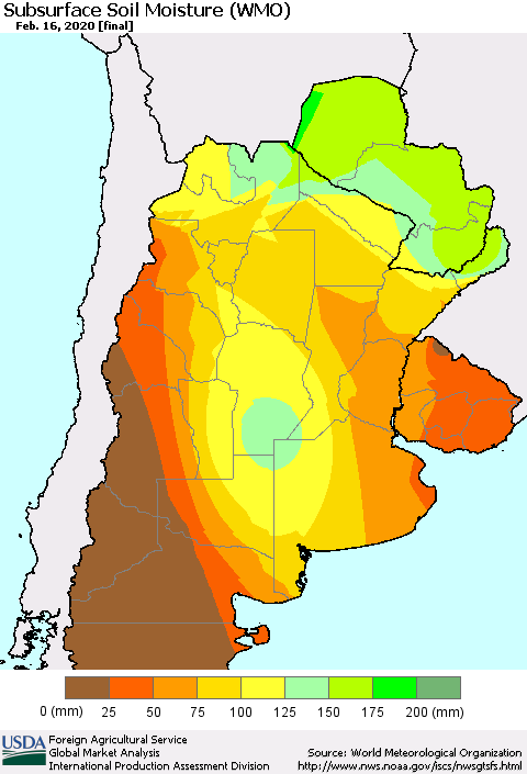 Southern South America Subsurface Soil Moisture (WMO) Thematic Map For 2/10/2020 - 2/16/2020