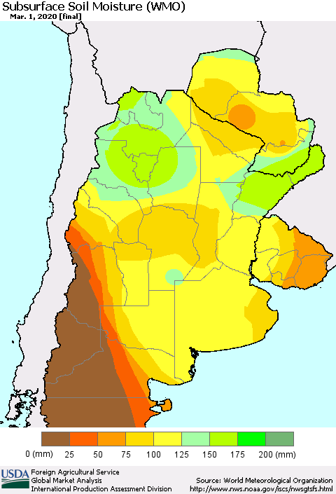 Southern South America Subsurface Soil Moisture (WMO) Thematic Map For 2/24/2020 - 3/1/2020