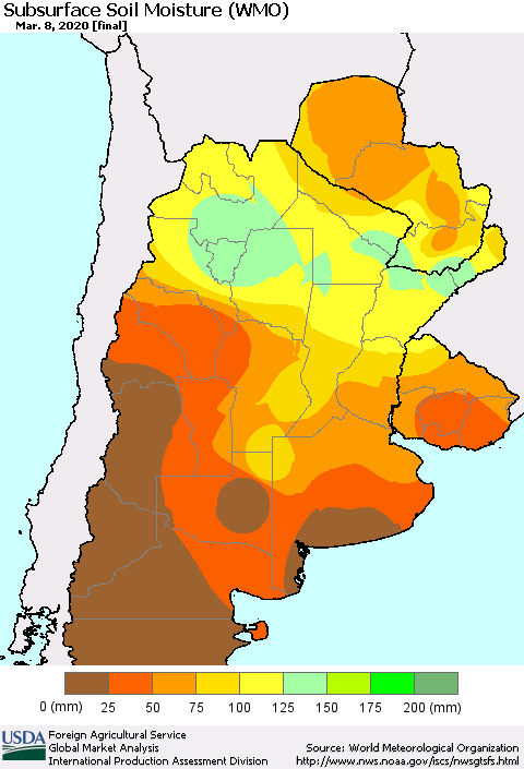 Southern South America Subsurface Soil Moisture (WMO) Thematic Map For 3/2/2020 - 3/8/2020