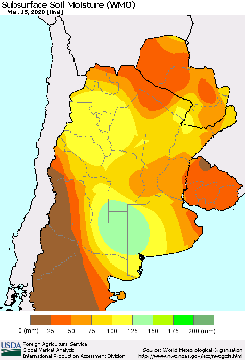 Southern South America Subsurface Soil Moisture (WMO) Thematic Map For 3/9/2020 - 3/15/2020