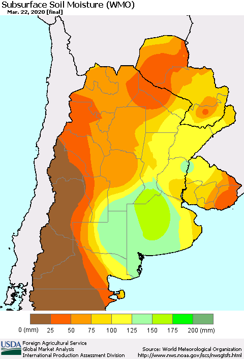 Southern South America Subsurface Soil Moisture (WMO) Thematic Map For 3/16/2020 - 3/22/2020