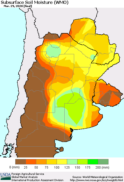 Southern South America Subsurface Soil Moisture (WMO) Thematic Map For 3/23/2020 - 3/29/2020