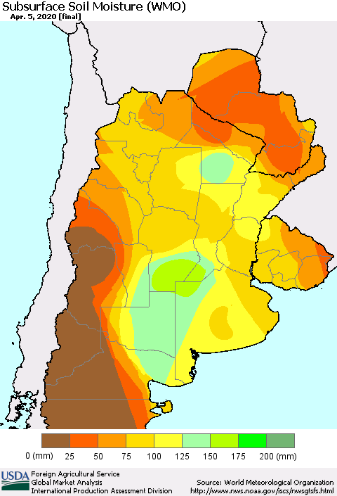 Southern South America Subsurface Soil Moisture (WMO) Thematic Map For 3/30/2020 - 4/5/2020