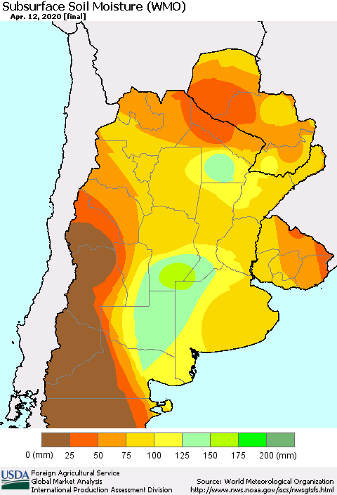 Southern South America Subsurface Soil Moisture (WMO) Thematic Map For 4/6/2020 - 4/12/2020