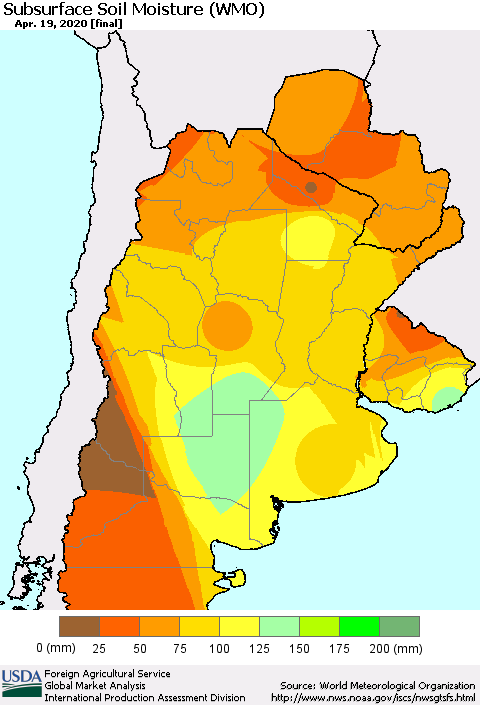 Southern South America Subsurface Soil Moisture (WMO) Thematic Map For 4/13/2020 - 4/19/2020